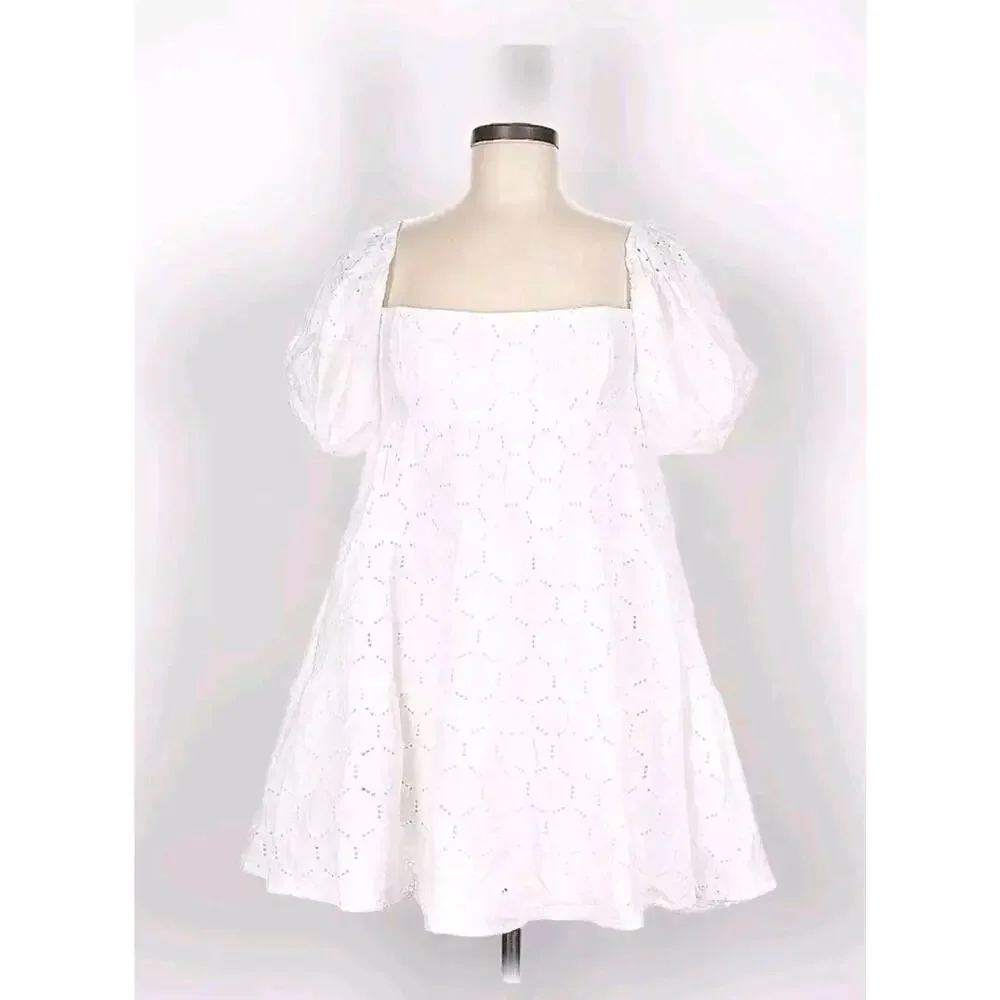 Bardot Womens 6 Babydoll Dress Sofia Eyelet Mini White Revolve Lace Off Shoulder - Picture 3 of 12